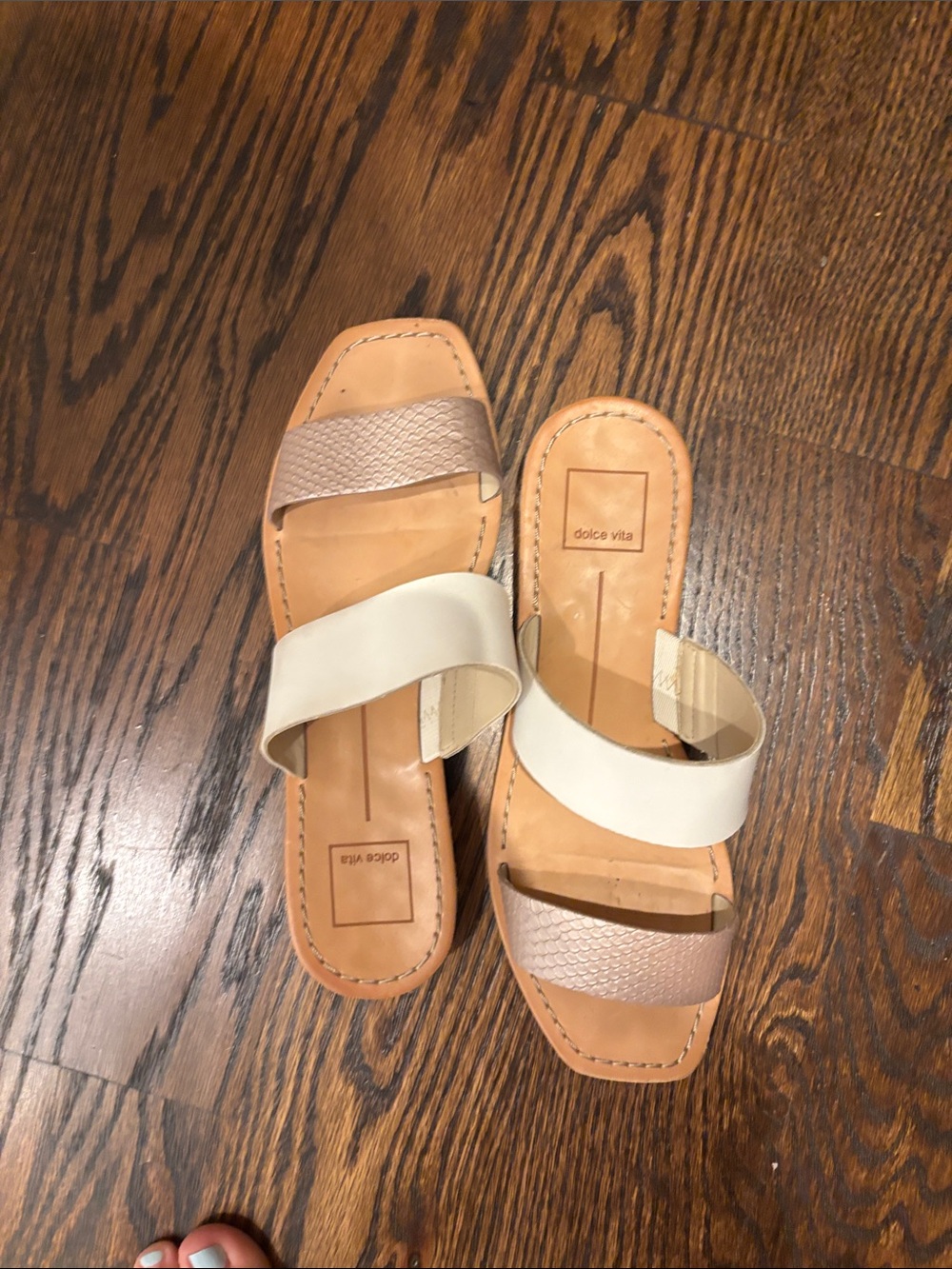 Dolce Vita Cream and Taupe Two-Band Slide Sandals